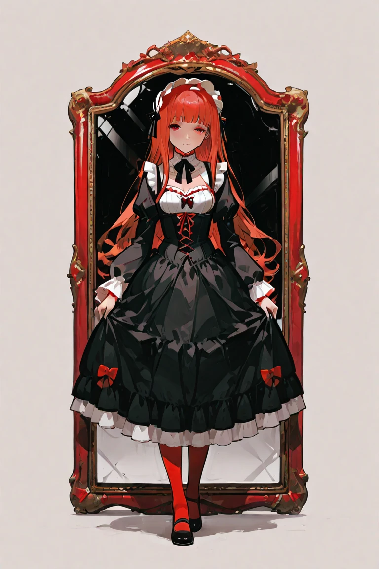 ((Red-haired girl in a dress wrapped in chains)), ((wearing a noble robe)), ((Bobcut)), ((full body black and red longcoat)), Anime full body illustration, ((White background)), ((1 person)), Adult women