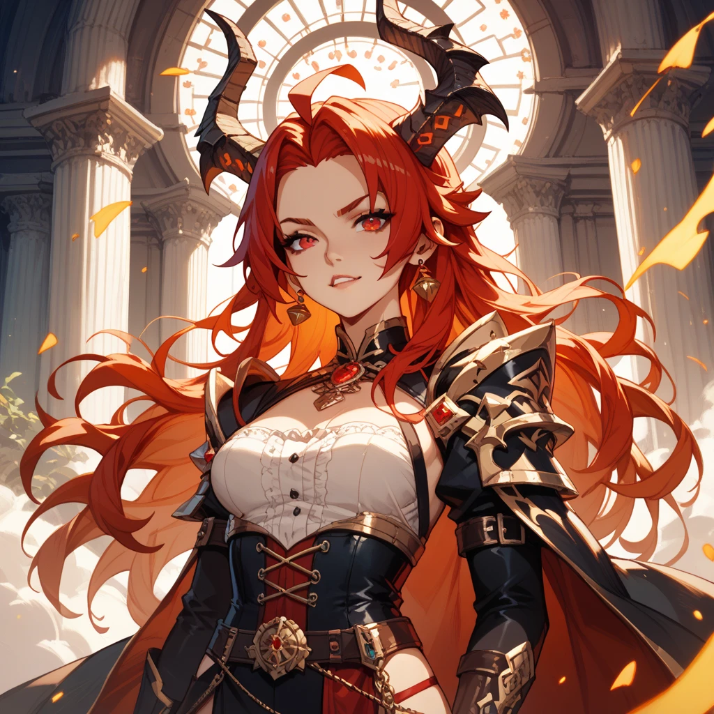 ((extreme detail)),(ultra-detailed),(painting), chiaroscuro, red hair, extremely detailed CG unity 8k wallpaper, best quality, portrait,RedBowsette,castle,castle background,lava,dark fantasy,blue eyes