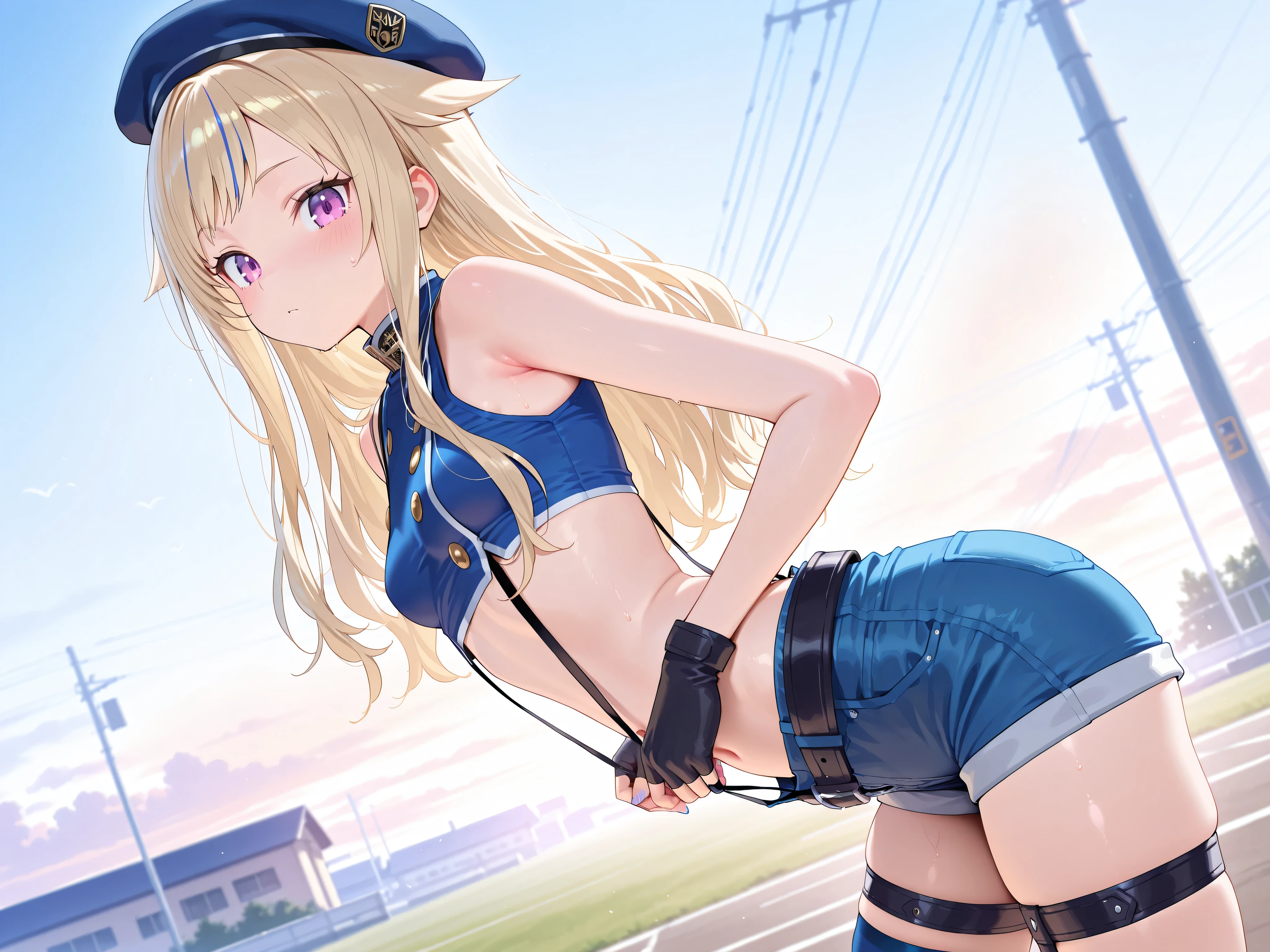 criin, 1girl, ammunition, belt, black footwear, black shirt, black shorts, blonde hair, blue bow, blue eyes, boots, bow, breasts, building, choker, cleavage, cloud, criin, crop top, garter straps, girl cafe gun, ground vehicle, hair between eyes, hair bow, hand up, high heel boots, high heels, highres, holding, holding hair, juno emmons, knee up, large breasts, crossed legs, long hair, long sleeves, looking at viewer, midriff, motor vehicle, motorcycle, navel, night, official art, outdoors, ponytail, revision, shirt, short shorts, shorts, sidelocks, skyscraper, smile, solo, stomach, thigh boots, thigh strap, thighhighs, thighs
, ((masterpiece)), <lora:criin_offset:1>