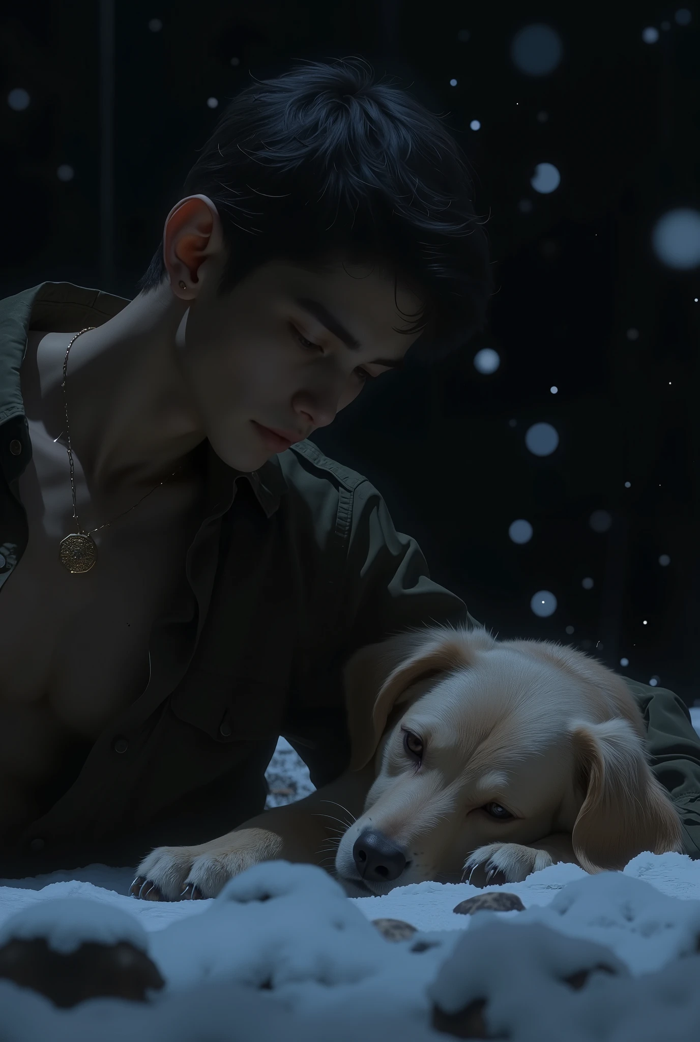 super detailed, UHD, 8k, epic realism, fantasy art, photo art. close-up portrait of young man kneeling beside the empty spot where the dog used to lie, snow gently falling, emotional expression, soft shadows, black background, cinematic lighting, hyper-realistic photography, 4K --v 6 --style photographic, Midjourney v6 photography hyperealistic
