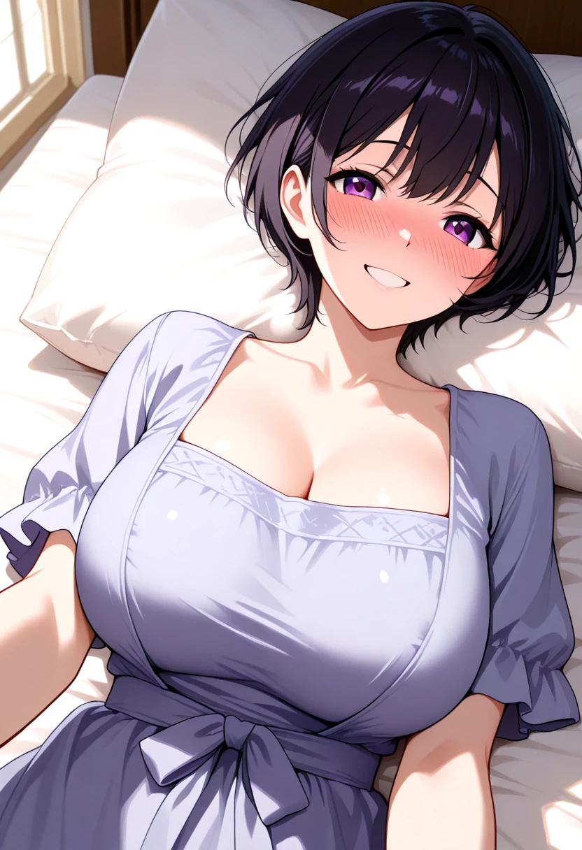 (masterece-piece:1.4)、(Top Quality:1.4)、8K、hard disk、Ultra Clear、女の子1人、(a large breast:1.4)、dark haired、(Heart-shaped pupil 1.3)、(Tongue out:1.2)、bijo:1.3、(weeping:1.3)、Princess、Naked abdomen、、White shirt、(look up to)、Night Bedroom Necklace、Messy clothing、short-hair、a close up of a woman laying in bed、、oppai