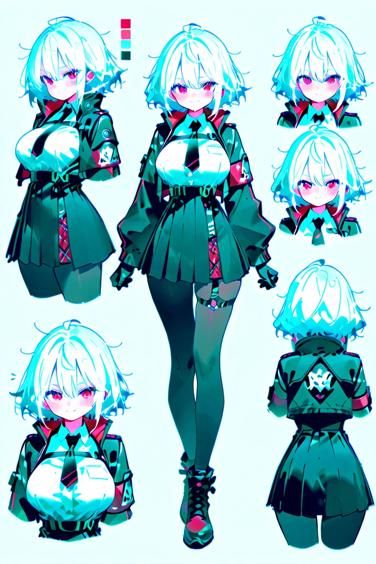((Konpaku Youmu)), short hair, white hair, bangs, multiple expressions,thick thighs, leotard, masterpiece, best quality, absurd res, character sheet, multiple views of the same character, full body, large breasts, blue eyes, black bowtie, Black hairband, sexy, perfect face,