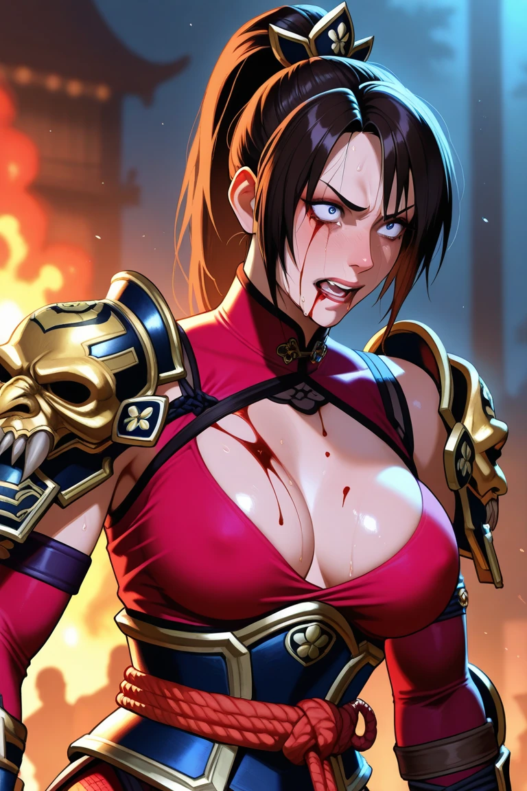 ((best quality, highly detailed, masterpiece)), cg, unity, unreal engine, detailed face, 8k, BREAK (Taki), (((red spandex bodysuit))), (pony tail) , black hair, brown eyes, upper body, cameltoe, shoulder armor, at night, edo period, big boobs, (covered nipples:0.7), close-up, fighting pose, bokeh, burning building, cold and warm light <lora:Taki-10v6:0.95> <lora:more_details:1>