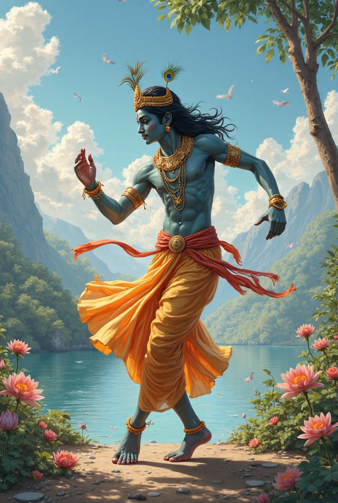 Lord Krishna holds the mountain on his little finger with smile and the have the crown they decorated with peacock feather