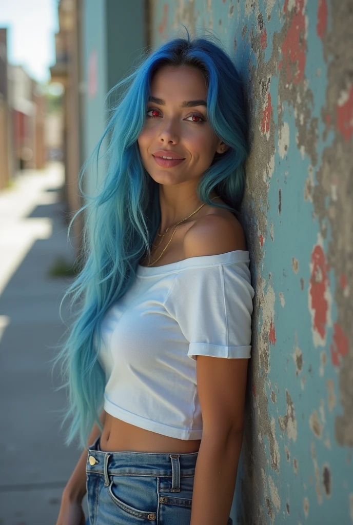 A girl with curly hair dyed blue at the ends,Caucasian skin, blue-eyed,Body cute,Brazilian,um top branca e um shots jeans preto, r