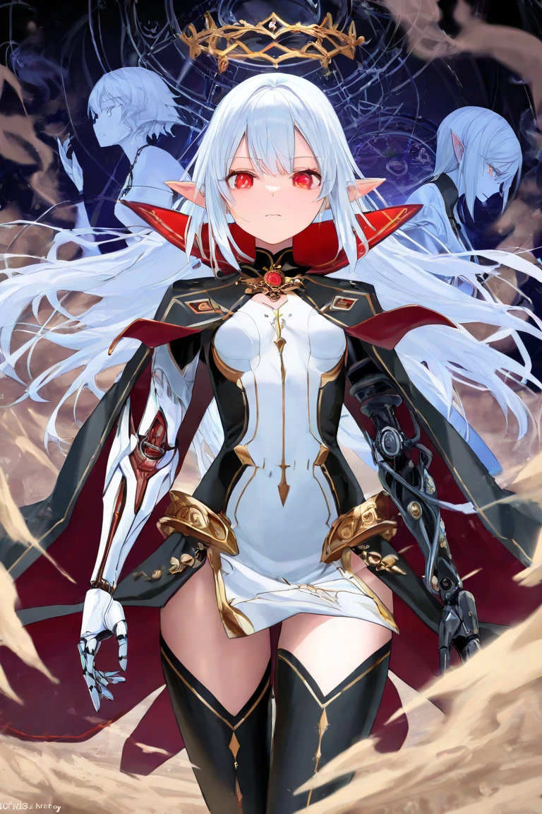 white hair、　long hair、sharp eyes、Clock hands、black underwear、red sword、girl、small breasts