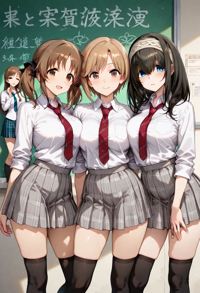 perfect face, detailed face, beautiful hair, three girls, 16yo, medium sized breasts, firm chest, very cute face, young face, female idol, nude, school uniform, seifuku, Perfect Hip, round hips, (exposing white panties from under the skirt:1.2), smile shyly, (blush:1.2), stare at the viewer with a seductive gaze, (in crowded classroom:1.1),