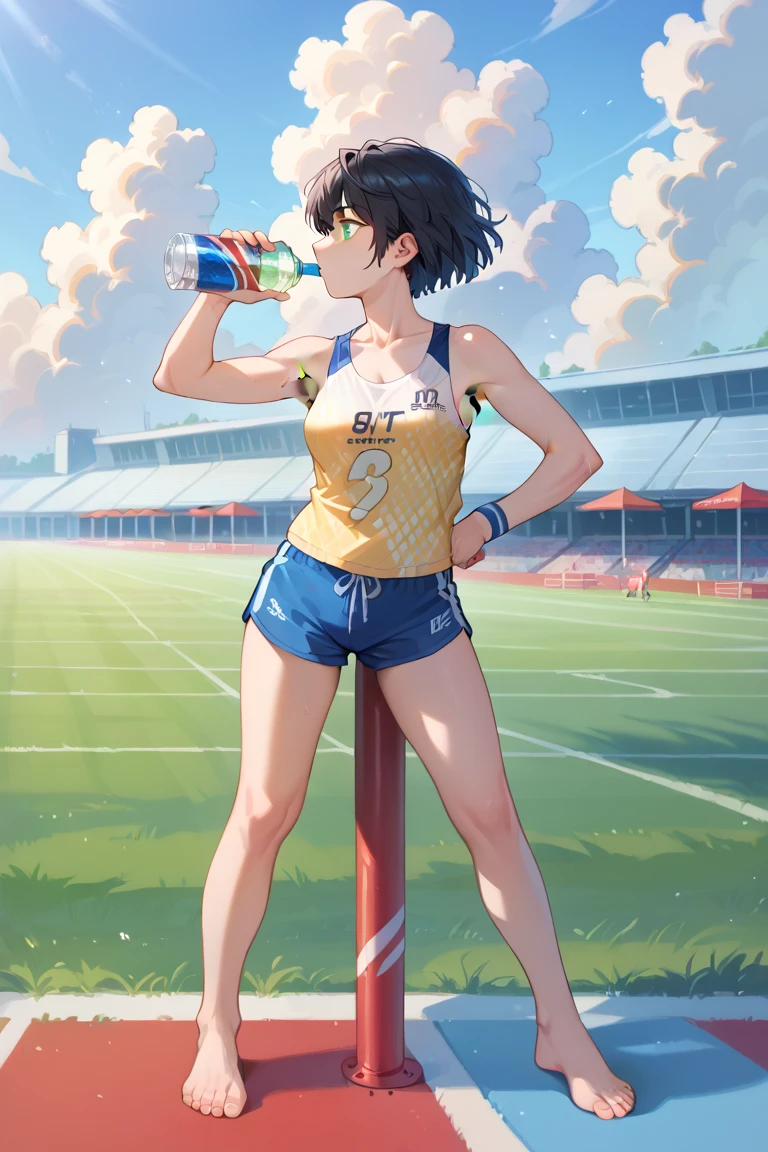 Highest quality,Highest Resolution,A beautiful girl with a crying face running on the stadium,Tank top,short hair,sunny,Open your mouth wide and drool,Tears,Sweat profusely,High leg,Belly button,Abdominal muscles,Muscular,(((Drink a drink)))