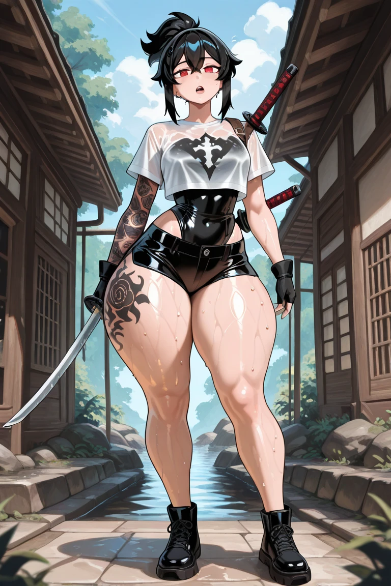 helga, dark-skinned female, short hair, silver hair, huge breasts, muscular female, thick thighs, thick arms, tomboy, holding axe, reflection light, blending, bloom, god rays, ray tracing, Fujicolor, drop shadow, Gothic art, anime, Ghibli-like colours, anime style, UHD, retina, masterpiece, ccurate, anatomically correct, textured skin, super detail, high details, high quality, award winning, best quality, highres, 1080P, HD, 4K, 8k, 16k,standing, warrior pose, axe holding,refsheet, charactersheet, red bikini, short pants, happy, smile, blush