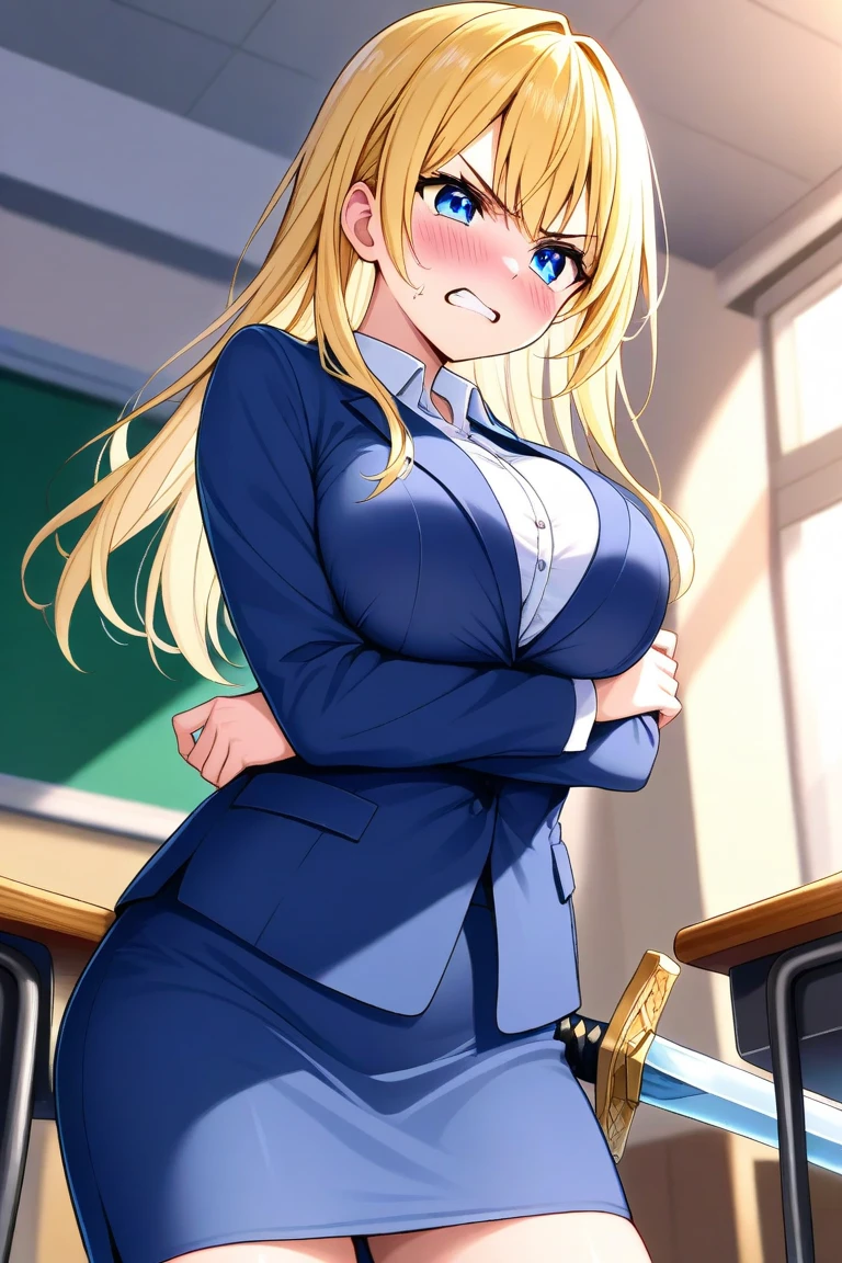 Massive , blonde, school uniform, tight shirt, button down, leaning forward, pushed together,