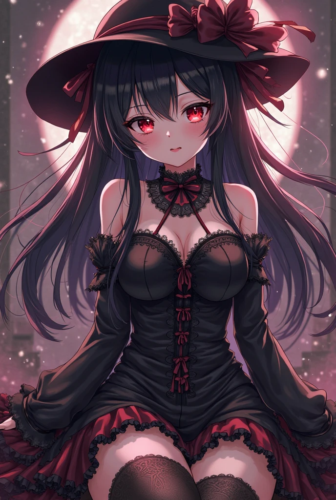 beautiful and seductive one girl being flirty and wearing witch clothes but the clothes is very revealing and seductive and the art style is anime but not too revealing