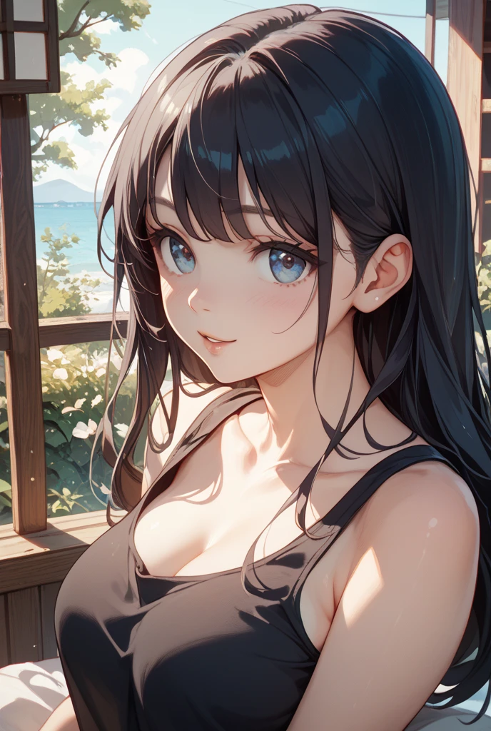 water, Wet, waterしぶき, liquid, sunny, Day, blue sky, cloud, nature, nature環境, (Character Focus:1.1), Sharp focus, Realistic, Very detailed, Super detailed, Highest quality, Highest quality, Realistic lighting, Super detailedな, Hyperrealism, Greg Rutkowski、Large Breasts、Cleavage、Bust Shot、camisole