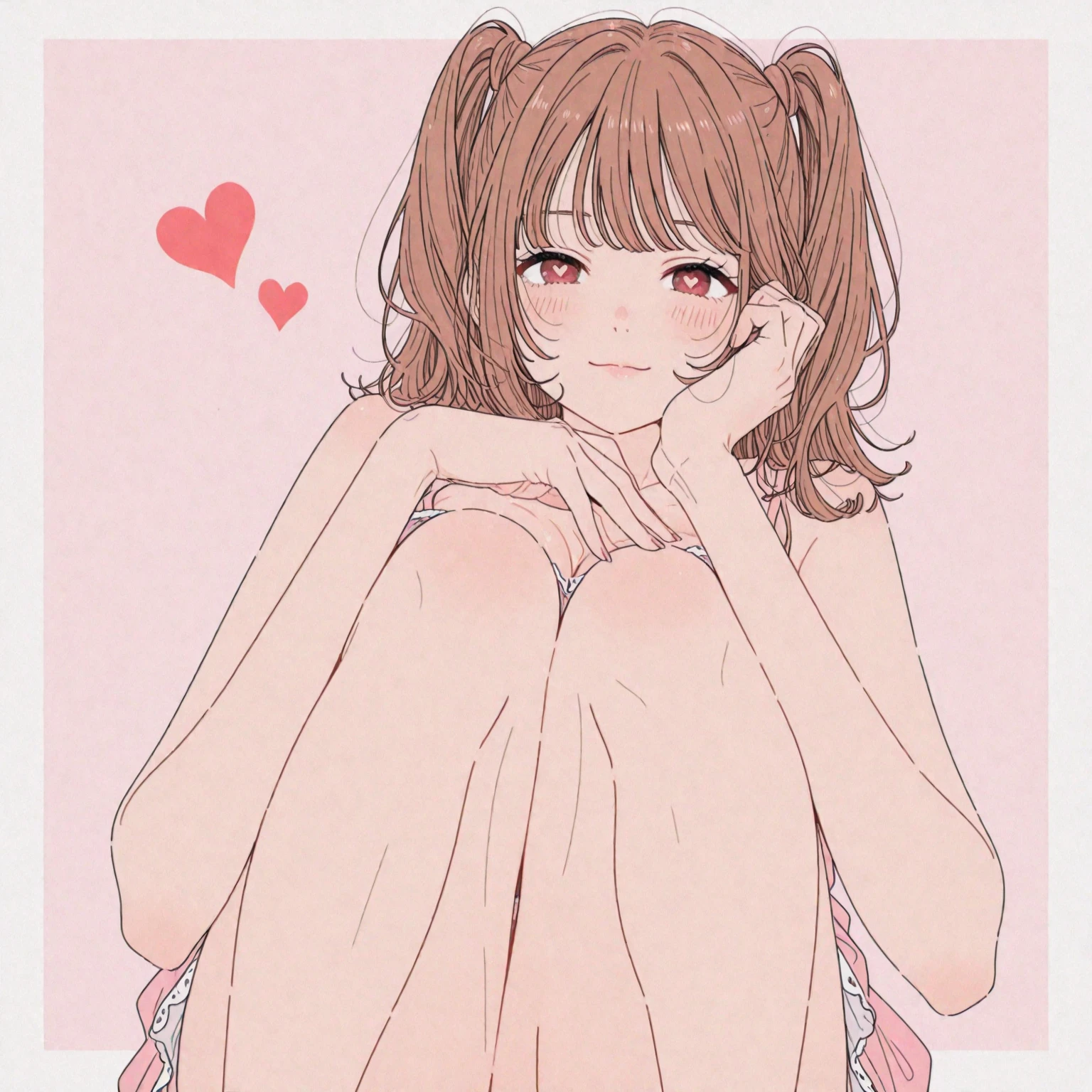 (UHigh resolution, retina, masterpiece, Accurate, Anatomically correct, Textured skin, Very detailed, Attention to detail, high quality, 最high quality, High resolution, 1080P, High resolution, 4K, 8K, 16K),Accurate human body depiction、((Completely naked)), Cute one14 year old girl、Brown Hair、short hair、Twin tails、Grey Eyes、Malaise、The background is a simple floral wallpaper.、