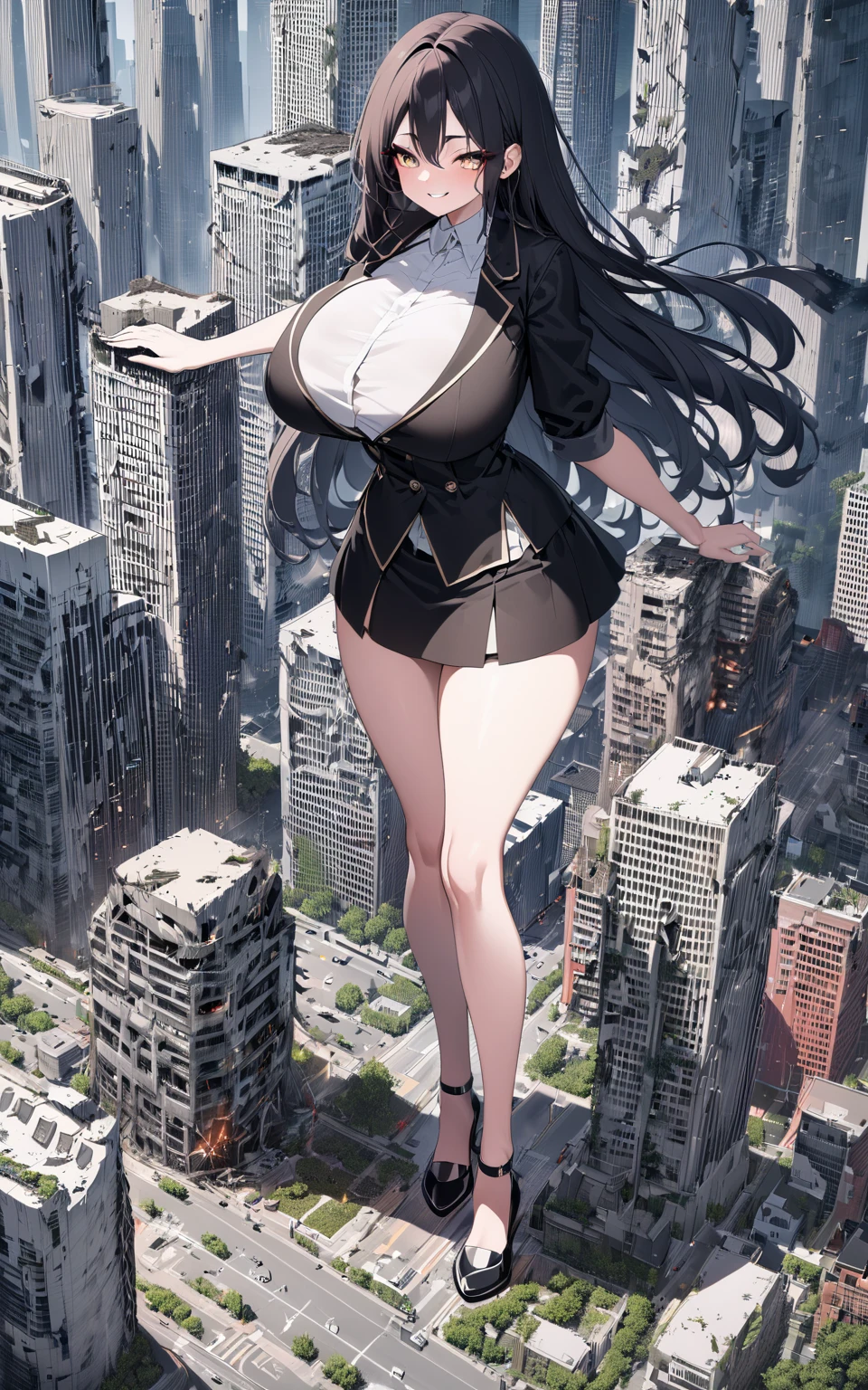GTS, GTScity, above view of a giant beautiful busty woman sitting down, sitting on building, rampage, destroyed ruined buildings, peace sign, posing for photo
