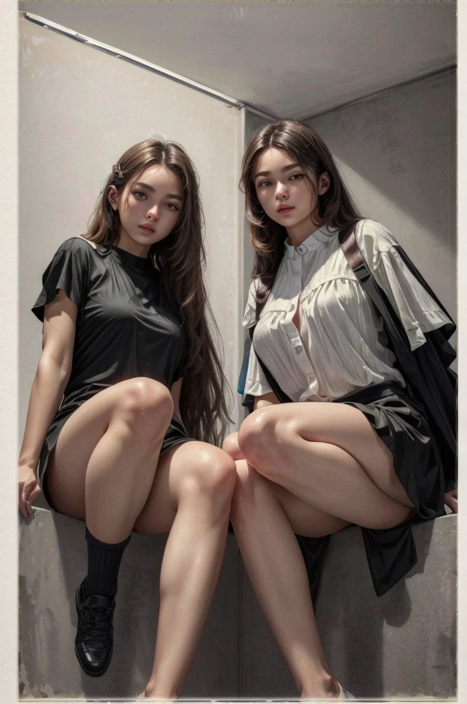 (NSFW:0.99)、a beauty girl, (Skirt lifting), looking in camera, Angle from below, Short skirt, Squatting, Shy smile, Japan  , Beautiful skin, ((of the highest quality, 16 K, masutepiece: 1.3)), 2 girl, Light on Face, hyperdetailed face, very detailed lips, Detailed eyes、real looking skin、Panties with cute designs、Shaved、Variety of hairstyles、Uniforms of different colors、Dress naturally、Vans sneakers、Bite、Detailed panties