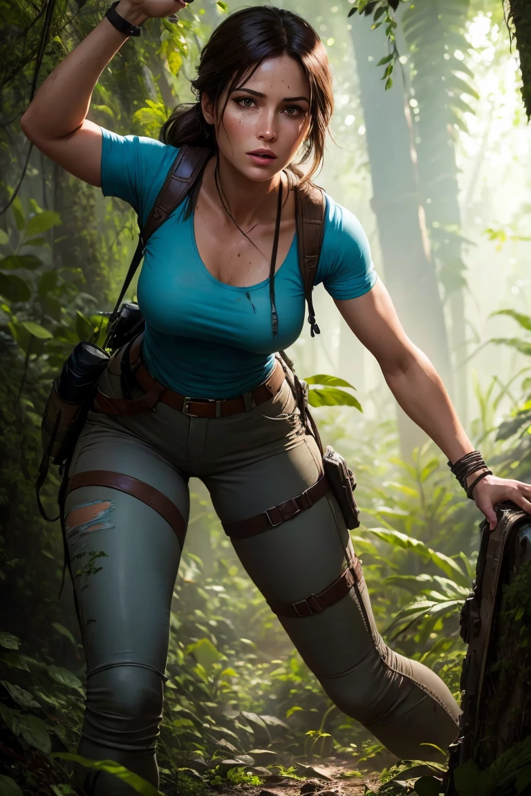 Picture of Lara Croft in a light blue shirt and short dark brown pants climbing a mountain in an underground cave. The scene is lit by the moon reflecting into the water. DLSR, sharp focus, soft lighting, masterpiece, perfect face, ultra detailed face, perfect brown eyes, beautiful face, photorealistic, 8k, masterpiece
