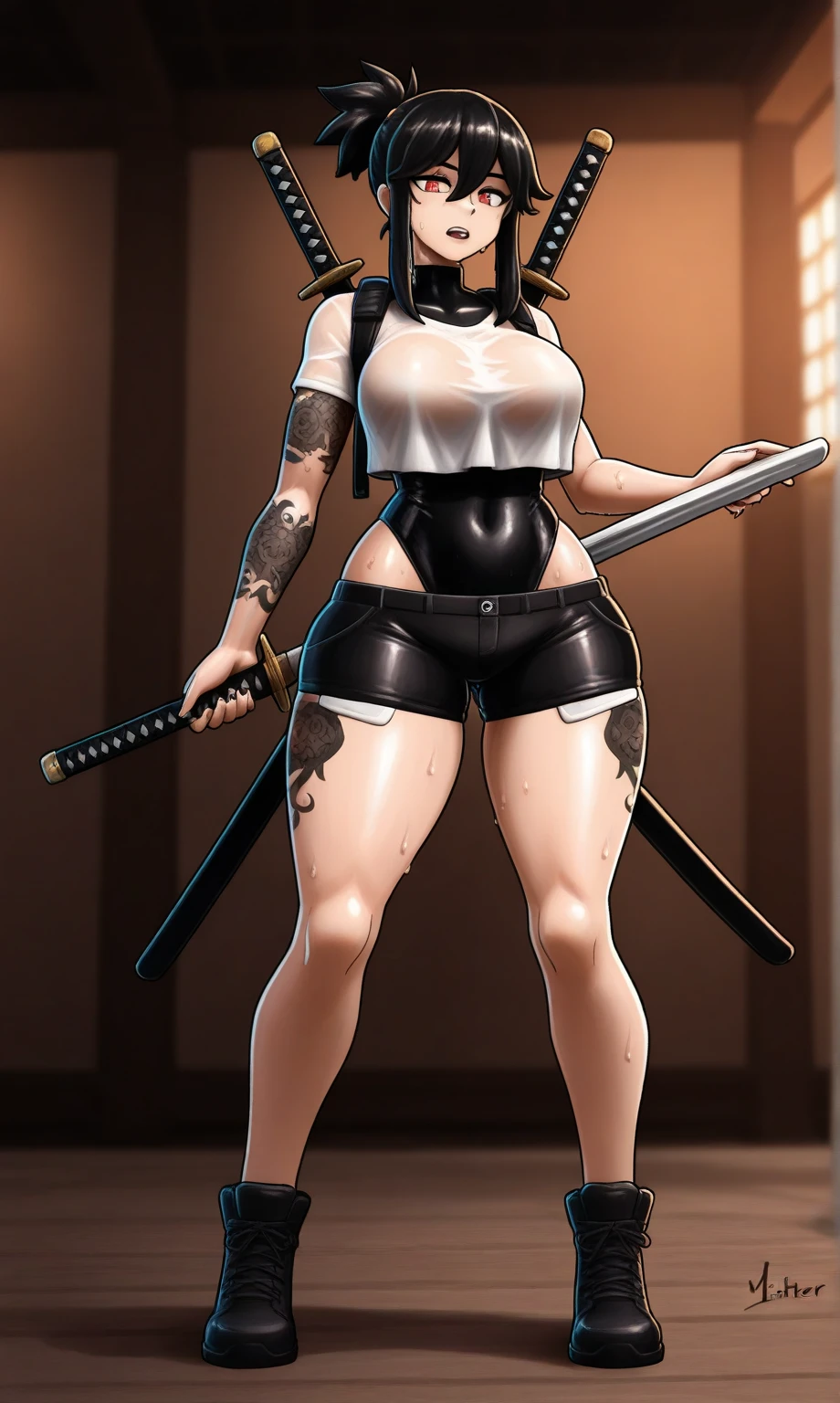masterpiece, best quality, 1girl, ((young girl)), shiny skin, (thin waist), ((curvy)), ((wide hips)), ((small size)), hot, soft natural lighting, reflections, bright illuminations, full body, (((sexy pasties))), (((tatoo on thigh))) navel, big long black hair, tomoko, sexy, slim figure, Detailed green eyes, Detailed face, Detailed eyes, tomoko kuroki, watamote, ((bare arms))