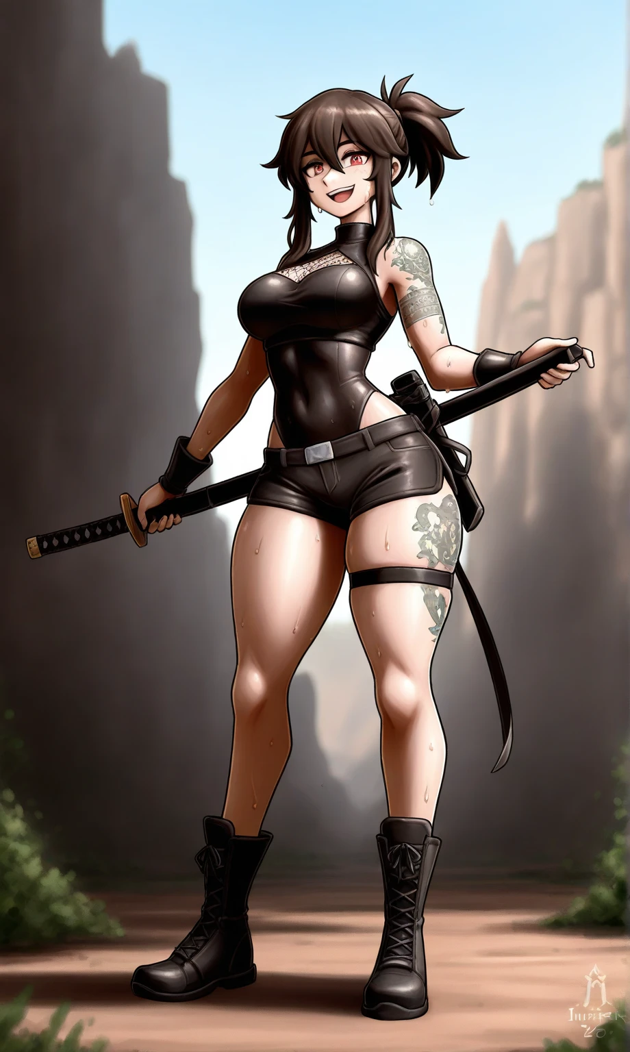 Drawing of ((best quality)), ((masterpiece)), (detailed), perfect face,dutch angle, torso shot, perfect face, gothic, solo 1girl, bondage outfit, spikes, spiked collar, black flower, whip, collar, hair ornament, long white hair, heart, thigh highs, huge breasts, bdsm bikini, bondage straps , gloves, holding whip, looking at viewer, navel, DO-S from manga "one punch man”, medium shot, lighting, artwork, blank background