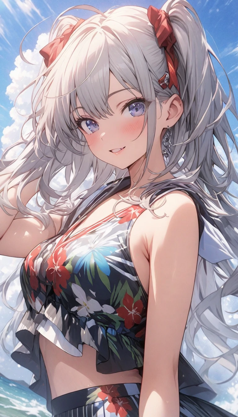 1 anime girl, by white, Red eyes, white eyelashes, in white linen with dark blue star