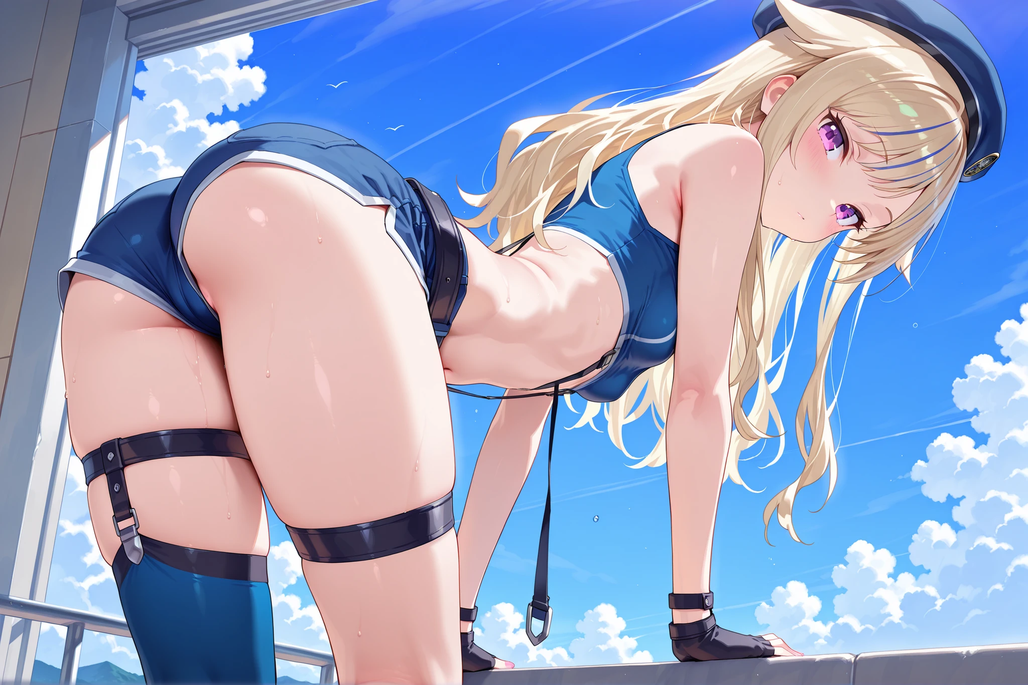 Sensual、((Blonde Wavy Hair))、Thick thighs、8K、4K、Highest quality、(High resolution:1.7)、Cute anime face、Noise Reduction、((close ~ eye:1.5、Contorting the face in pain:1.3、blush、Open Mouth))、(Browsing Caution:1.5)、(l interc(One Man:1.5)、(logic:1.5)、 penis, dorsal pos, From behind、Turn around here、Big Breasts、(Thong)