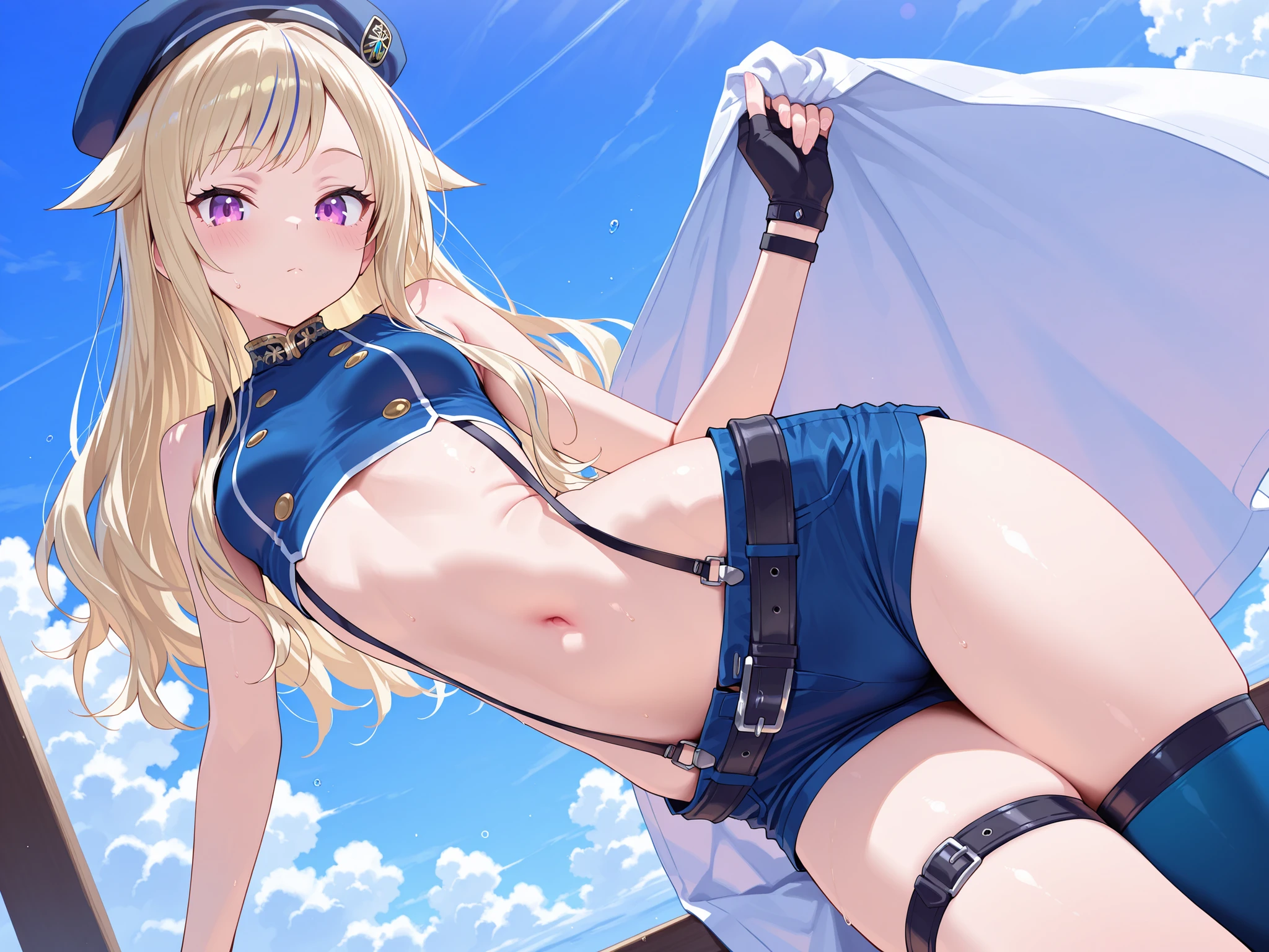 masterpiece, best quality, ultra detailed, ((striped panties)), (cowboy shot, crotch is close-up:1.2, ground-level, from below, mini skirt, KanColle Shimakaze, from front),