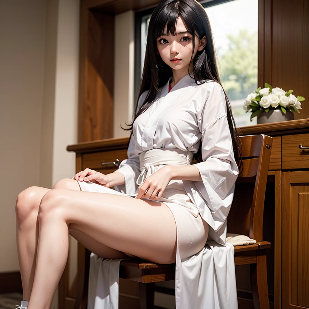 Photo Real、photoRealstic　A dark-haired、length hair、bangss　with round face、drooing eyes、big eye、Black eyes、a small face　shrine maiden、Priestess in Japan Clothes、Red Hakama、Long Hakama、White kimono with lines　sixteen years old、japanes、skinny  body、Skinny Legs、Soft thighs、vaginal、Female genitals　Bold legs open、Sucking stick larger than mouth、Lick with all your might、Sweat all over the body、Mass sweat、full body Esbian、Bold poses、Pleasant look、large amount of saliva、a large amount of liquid around the mouth　Background with、shrines、Inside the Japan Temple