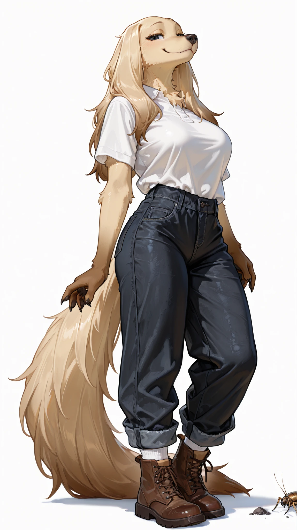 masterpiece, best quality, amazing quality, very aesthetic, high resolution, ultra-detailed, absurdres, newest, female, afghan hound, bug breasts, black eyes, smug, :3, happy, smile, paws, claws, fluffy tail, (brown boots, white socks, black jeans), (white polo shirt, short sleeves), paws, claws, full body, white background, BREAK, photorealistic details, volumetric lighting, tthick highs, widr hips, furry, anthro