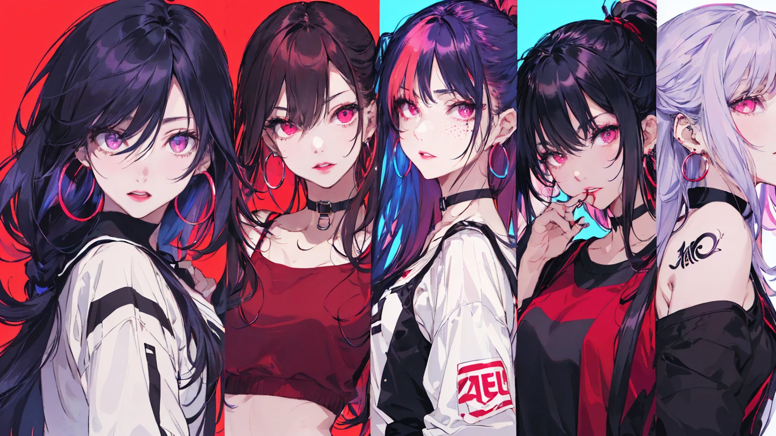 hair above one eye, Purple eyes, Clear Eyes, choker, Neon Shirt, torn legwear, open jacket、Blue pubic hair catches my eye,Bright red background、Red background, graffiti, Shineing grafiti, Shineing tattoos, Shine, Neon Light, Black light,Anime Style, movie portrait photography, 1 female, 22 years ago, Whole Body Ezbian,Big and ample breasts, anger, (Scarlet Hair), Long Hair, Purple eyes, wearing a short black dress, (Natural skin texture vivid details, Surreal, (Realistic eyes, Natural skin texture, Realistic facial details), Soft and dramatic lighting, Written boundary depth, Bokeh, vivid details, Surreal, 35mm movie, Absent-minded, movie,lipstick, ear piercing, eye shadow, Hoop Earrings, red pink lips, multicolored red eyes, Red background,Beautiful Eyes,Bold Pose、Strike a Pose,upper ponytail,drooping bangs,Droopy eyes、((school uniform))、high school girl