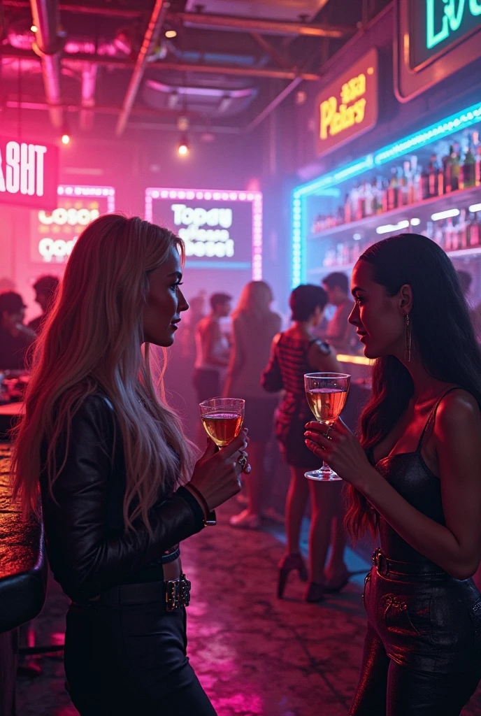 Three young female friends, a brunette with long hair, another blonde with short hair and the third with colorful streaks, are in a modern and dark bar. Dressed in elegant and modern dresses, they chat animatedly as they lean on the polished wooden counter. The neon light of the bar creates interesting shadows on their faces, and the atmosphere is vibrant and full of energy. photography realistic, high resolution, focus on the expressions and interactions between the friends.