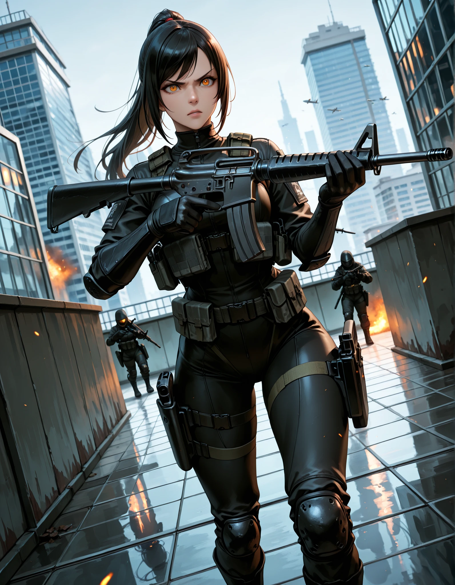 masterpiece, best quality, intricate details, detailed background, high res, highest quality, 8k, solo, solo focus, (perfect face:1.1), (high detail:1.1), 1female, ninja, mercenary, (holstered sword:1.2, katana:1.2) jet black hair, long hair, side-swept bangs, ponytail hair, amber eyes, beautiful detailed eyes, double eyelids, v-shaped eyebrows, determined expression, black bodysuit, black combat boots, black tactical gloves, tactical gear, knee pads, (holding m16, m16a2:1.2), rooftop, glass building, depth of field, dutch angle, perspective, cowboy shot, action illustration.