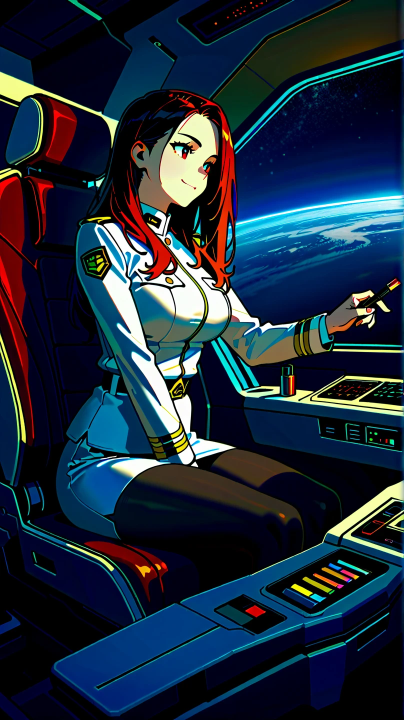 score_7, score_8_up, score_7_up, source_anime, 1girl, solo, looking at viewer, EPngeKatsuragiMisato, purple hair, brown eyes, long hair, smile, detailed background, cowboy shot, long sleeves, dress, jewelry, medium breasts, jacket, :d, thighs, open clothes, necklace, black dress, open jacket, v, short dress, cross, red jacket, cropped jacket, w, cross necklace, cockpit, ass focus, ass being grabbing in aggressive way, hands on ass in aggressive way