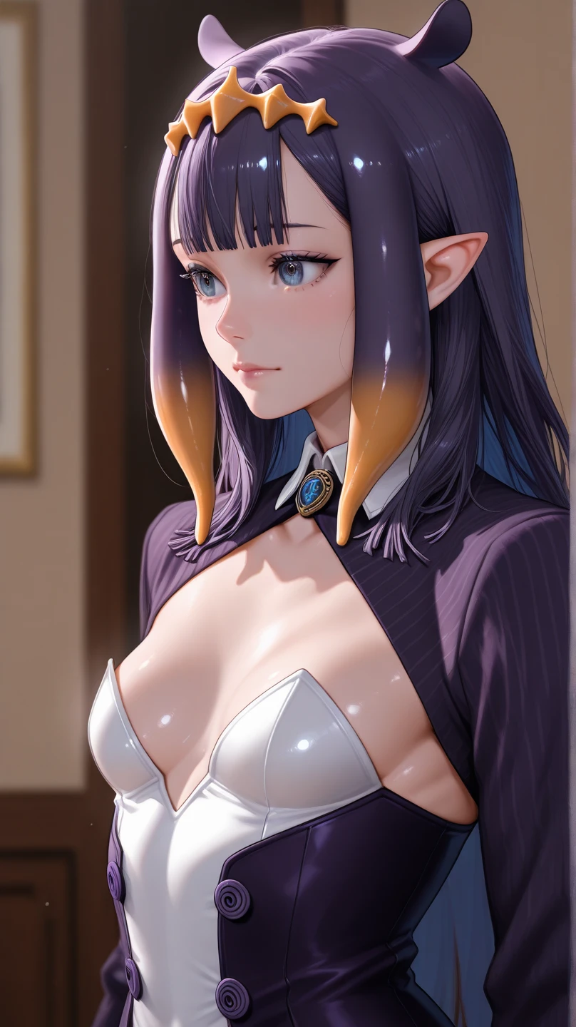 cute girl, (violet hair), ((very long curly hair)), perfect face, (yellow eyes), (naked), ((flat chest)), ((21 years old)), skindentation, extreme detail, attractive angular face, red lips, pink nipples, glossy skin, detailed hair, face focus, close-up chest, ornamental gold necklace, gold earrings, ((1 girl)), embarrassed expression, elf ears, innocent smile