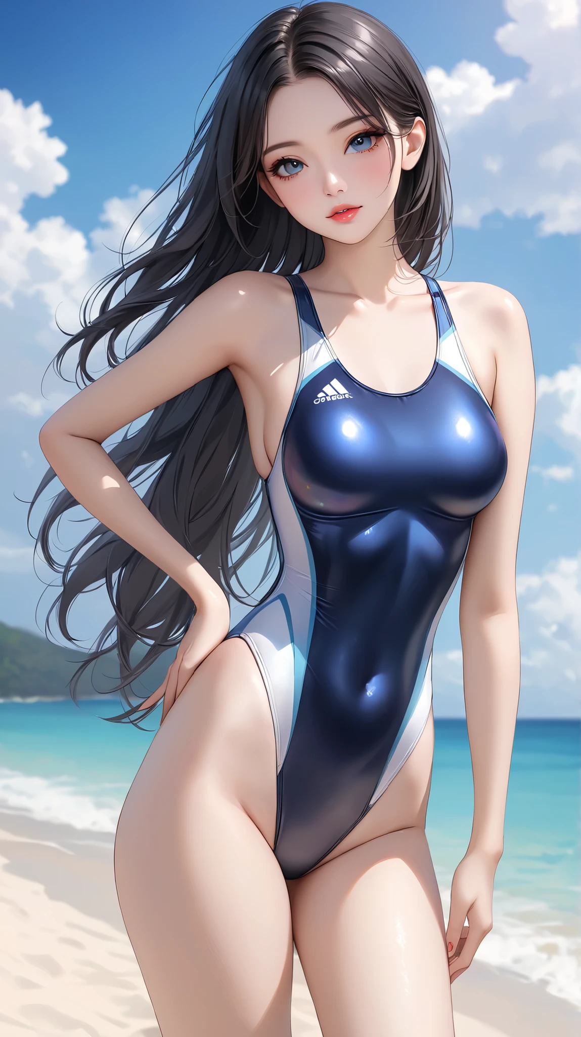 Highest quality、Realistic、zoom、Chestnut Hair、Grey Eyes、Long Hair、One piece swimsuit、Tanned body、Dark Skin、Shy laugh、Sweat、Ocean、Plump