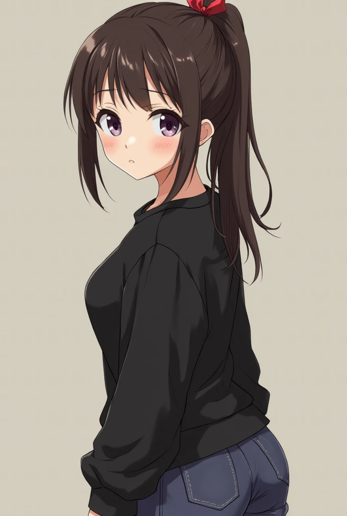 Brown hair, pulled back into a ponytail, Brown eyes, blank look, bright skin, black T-shirt and black shorts