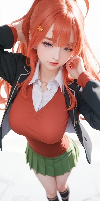 power from chainsawman, yellow vivid demon eyes, with her iconic two red horns on top her head, fangs, sharp teeth, wearing loose white long sleeve, cleavage, black dark business pants, outdoor, busy day, tokyo, park, windy, sunny, light rays, sitting on park bench, sexy pose, smiling