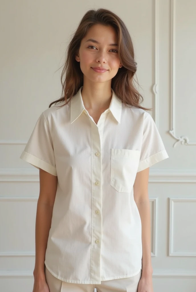 arafed blonde woman in a white shirt and pink skirt, fine white shirt, wearing white shirt, white shirt, clothed in white shirt, loose - fitting blouses, wearing a white shirt, white blouse, wearing a white blouse, wearing a blouse, white shirts, button - up shirt, white dress shirt, collared shirt, wearing a white button up shirt, smiling