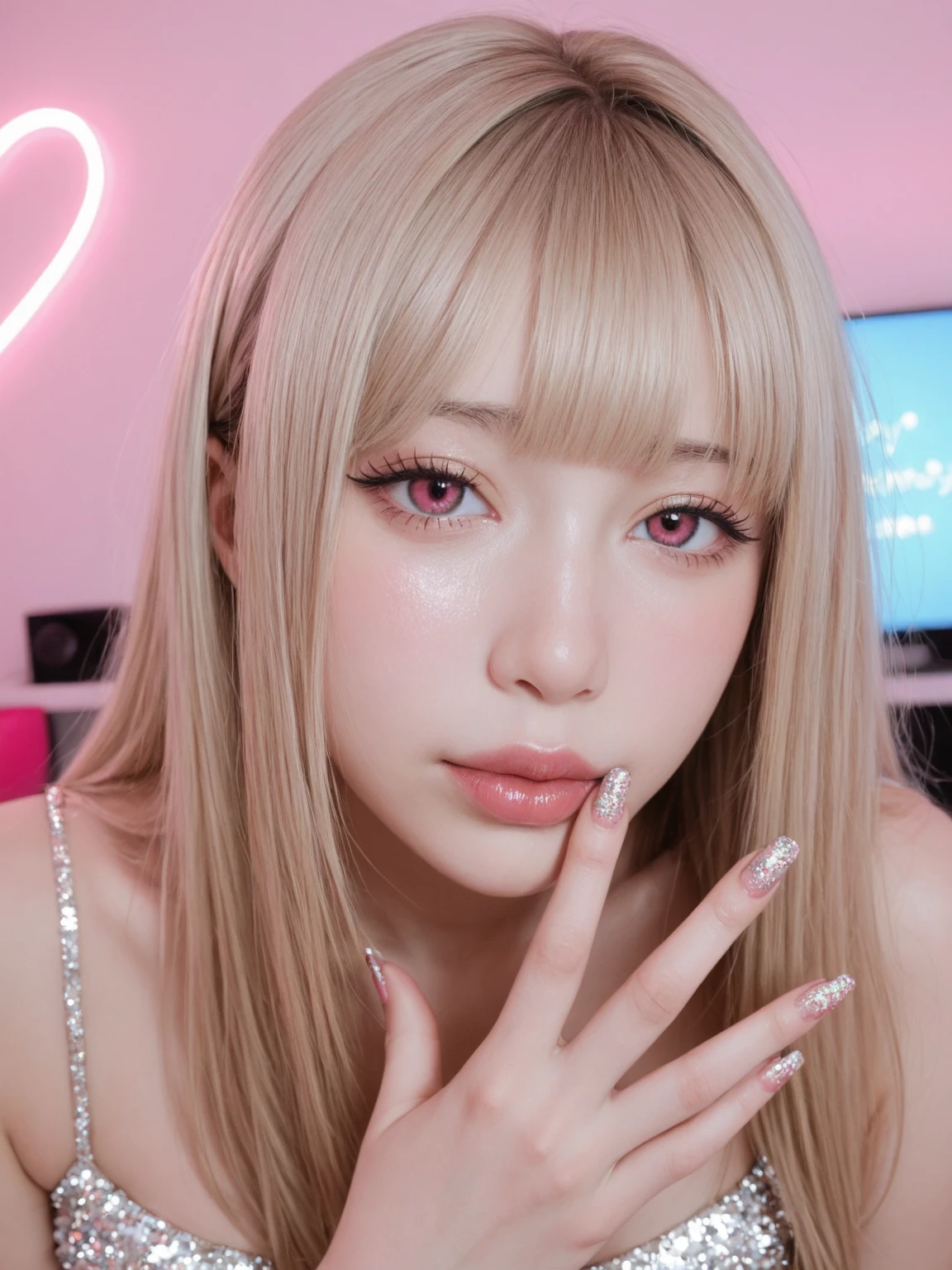 there is a woman with long hair sitting at a table with a plate of food, roseanne park of blackpink, shikamimi, jossi of blackpink, portrait of jossi of blackpink, belle delphine, chiho, junko enoshima, ahegao face, her face looks like an orchid, pouting, 19-year-old girl, bbwchan