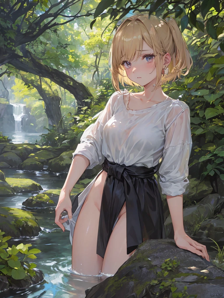 lumine_\(genshin_impact\), hiten kei style, claude monet, oil painting, masterpiece, hyper realistic, realistic skin, best quality, 1girl, village, trees, medium breasts, huge nipples, erect nipples, looking at another, topless, full body, vector illustration, nipples, light smile, bangs, bare shoulders, blonde hair, skirt, wet, soaked, raining, hanging laundry, smiling, happy, black pantyhose, windmill, sunlight, cool breeze, blue sky, stretching, looking up, wood pail, wet body, flowers, little village, laundry, hanging sheets, navel, dry ground, innocent