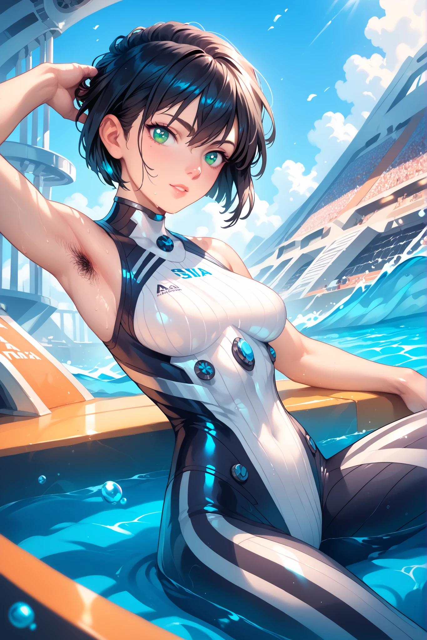 scuba diving, Girl, short hair, Brown Hair, White wetsuit, Ocean, tropical fish, Coral Reef, Colorful light, masterpiece, highest quality, Highest quality