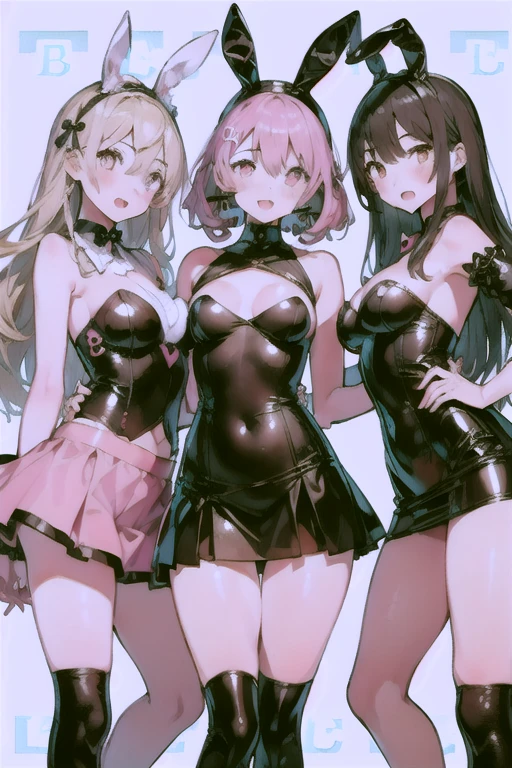 bust chart、pigeon toed、3 multiple girls、Blonde、Black Hair、Brown Hair、bunny girl、white rabbit ears、wrist cuffs、black leotard、Huge breasts:1.5、Sagging breasts:1.5、Long Breasts:1.3、sagging breast:1.5、Everyone line up facing forward、(milf、Mature Woman:1.3)、Black fishnet stockings、Black garter belt