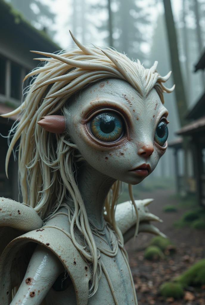 generate image of human-looking creature, de 1,20 meters, very curly and voluminous hair, round-eyed, wearing rags, thin and barefoot