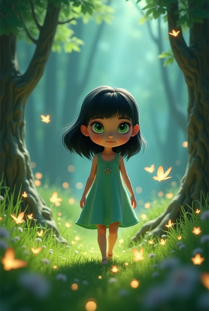 A look at an 8 year old with short black bob hair ,with green skin and purple dress