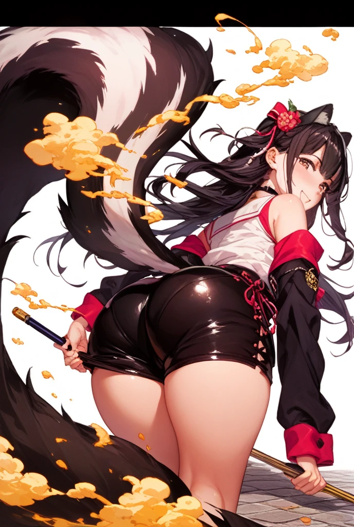 masterpiece:1.2,top-quality), ((((Blurry background with deep fog)))), (genshin impact), (((skunkgirl))), (((skunk tail))), (((Giant tail))), (((Tail inside the skirt))), Golden eyes, Animal ears, ((black hair)), (((white hairline in the middle front))), standing, Turn around and look down, big breast, massive butt, Sticking out the butt, White clothes, black Skirt, ((((green amulet on the waist)))), panties(white panties), black stoking, Fart, Farting, onara, Fart from the ass, Yellow smoke, Skirt lifted because of farting, Smile, happy, Mondstadt