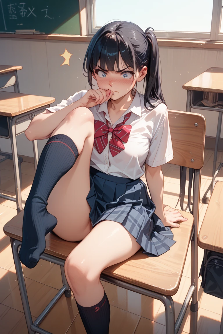 Raised sexy,校服,sitting on the classroom desk,Holding Erlang's legs,Pouting and looking at you,Tsundere,16 yaers old,teens girl