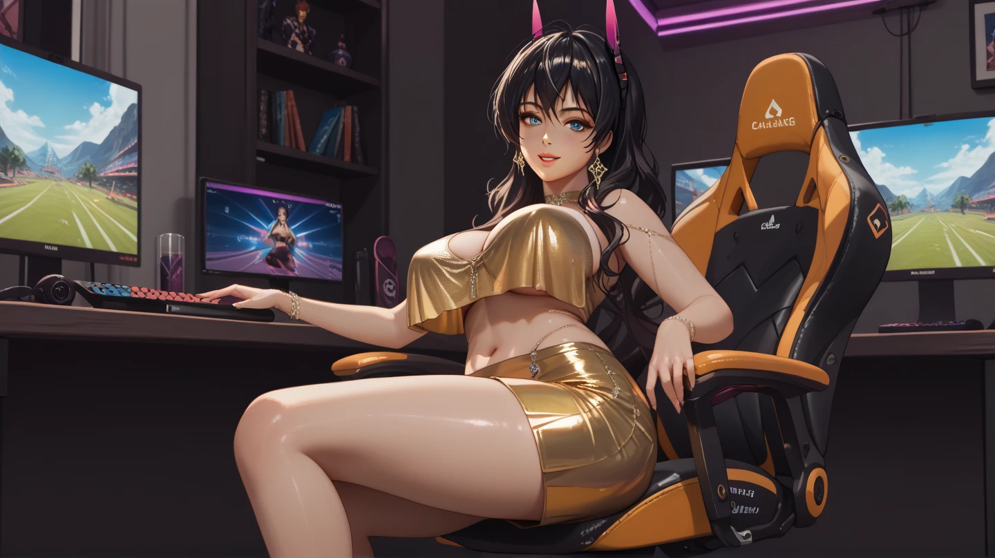 masterpiece, (((8k))), ((best quality)), ((ultra detailed)), (1girl(20 years old) (himekaidou hatate) (dark brown hair)), face shot, BREAK, ( The room has A large desk with a high-performance gaming PC.
Four monitors arranged on the desk.
Walls covered with numerous posters and tapestries of bishoujo game characters.
Shelves and the desk displaying many bishoujo figurines.
RGB lighting creating a colorful and vibrant atmosphere.
Bishoujo-themed cushions, bed linen, and a comfortable gaming chair with a bishoujo design.
The ambiance should be vibrant and filled with bishoujo game merchandise, creating a lively and immersive environment for a bishoujo game enthusiast.):3.0 himekaidou hatate