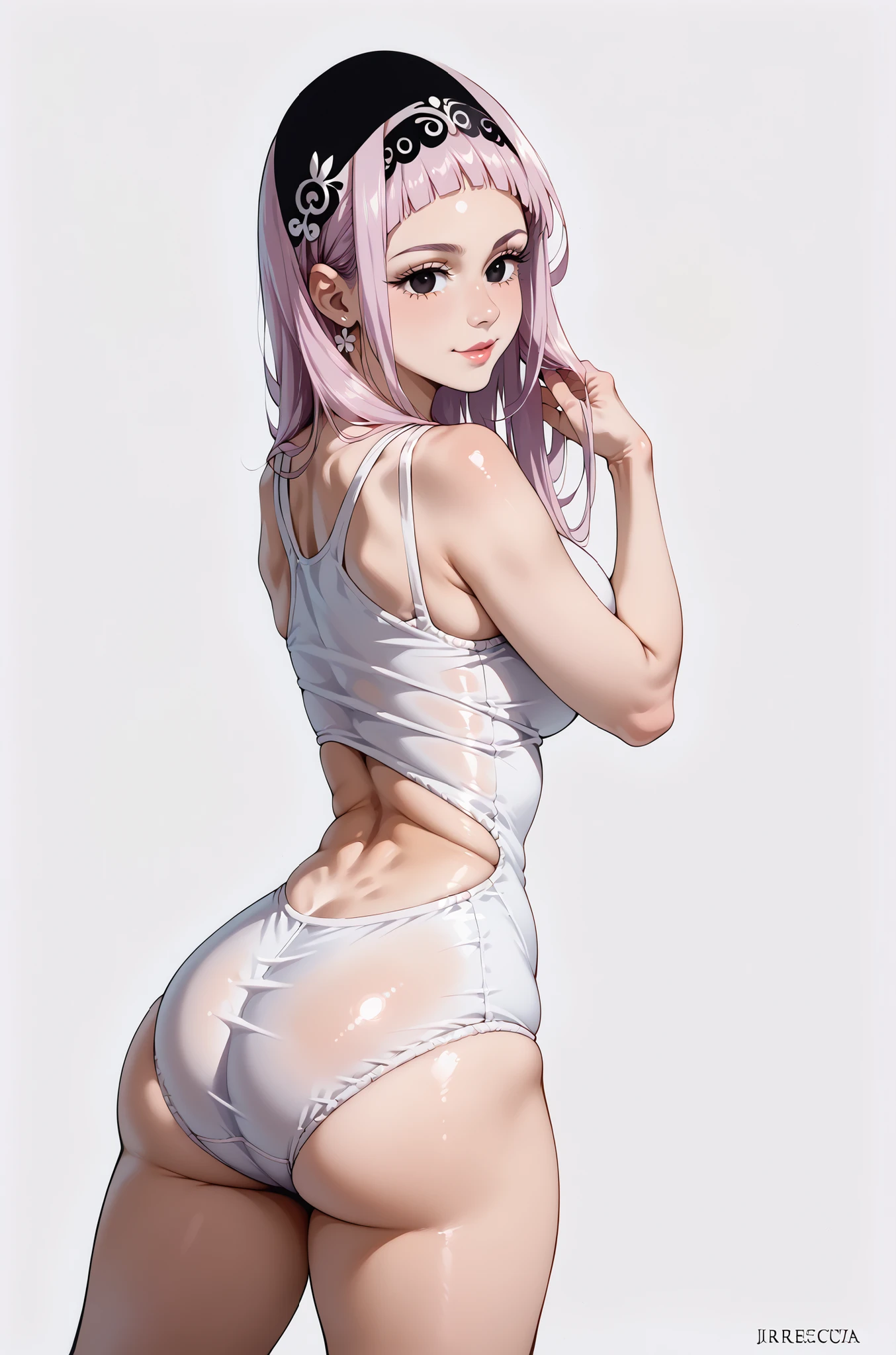 Super detailed、highest quality、best image quality、masterpiece、8K、Anime Face、gentle smile、Sparkling Blue Eyes、Long blonde curly hair、Cat ears grow、Wearing a headband、(SFW huge body)、(((Rear view)))、cowboy shot、(Wearing a pink thong:1.5)、Muscles of the whole body、Woman holding a cat