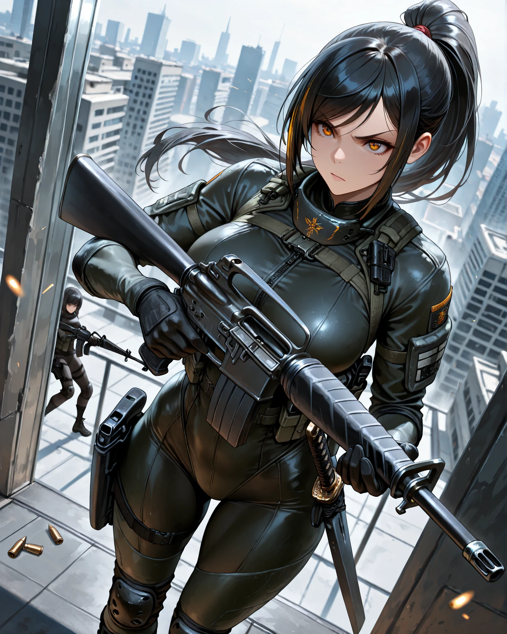 masterpiece, highest quality, 8k, solo, solo focus, highly detailed, (perfect face:1.1), (high detail:1.1), 1female, ninja, mercenary, (holstered sword:1.2, katana:1.2) jet black hair, long hair, side-swept bangs, ponytail hair, amber eyes, beautiful detailed eyes, double eyelids, v-shaped eyebrows, determined expression, black bodysuit, black combat boots, black tactical gloves, tactical gear, knee pads, (holding m16, m16a2 rifle, shell casings), rooftop, glass building, depth of field, dutch angle, perspective, cowboy shot, action illustration.