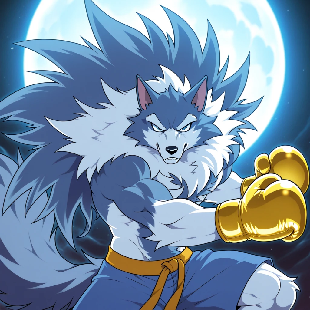 gallon, werewolf, 4k, high resolution, best quality, detailed, posted on e621, solo, anthro body, male, very masculine, (very muscular, strong pectorals, defined muscles, sixpack):1.0, (night background, dark background, big moon, full moon, fog, clouds, backlight:1.1), correct anatomy, (yellow eyes, detailed eyes:1.1), detailed face, (cel shaded, cartoony shading, strong shadows, dramatic lighting):1.3, confident, (by takemoto arashi, by meesh, by Taran Fiddler), powerful stance, yellow claws, strong, (half body, upper body:1.1), pants,