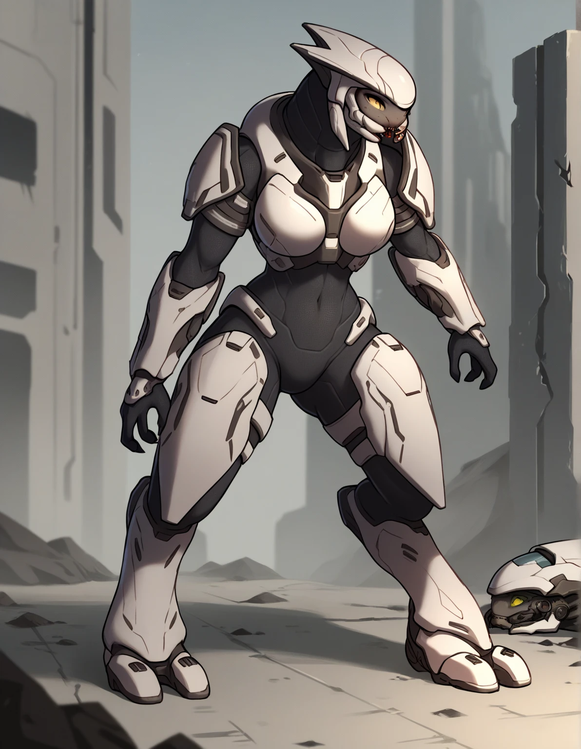sangheili, anthro, male, solo, halo \(series\), alien, yellow eyes, looking at viewer, outside, scalie, standing, reptile, full body, bulge, <lora:sangheili:1>
