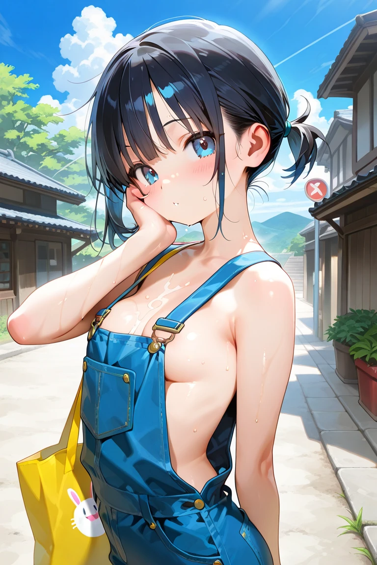amamitsuki, nsfw, masterpiece, ponytail, 1 girl, erect nipples, intricately detailed, topless, navel, bare shoulders, necklace, erect nipples, puffy nipples, black hair, dolphin shorts, raining, bus stop, shed, mountain, outdoors, flowers, wet, wet body, Blue sky, extremely detailed, cg masterpiece, bare breasts, nipples, blue eyes, bare stomach, side swept bangs, sweaty, small breasts, arm strap, pale skin, smiling, flat colored, side bangs, woodblock painting style, huge nipples, laughing